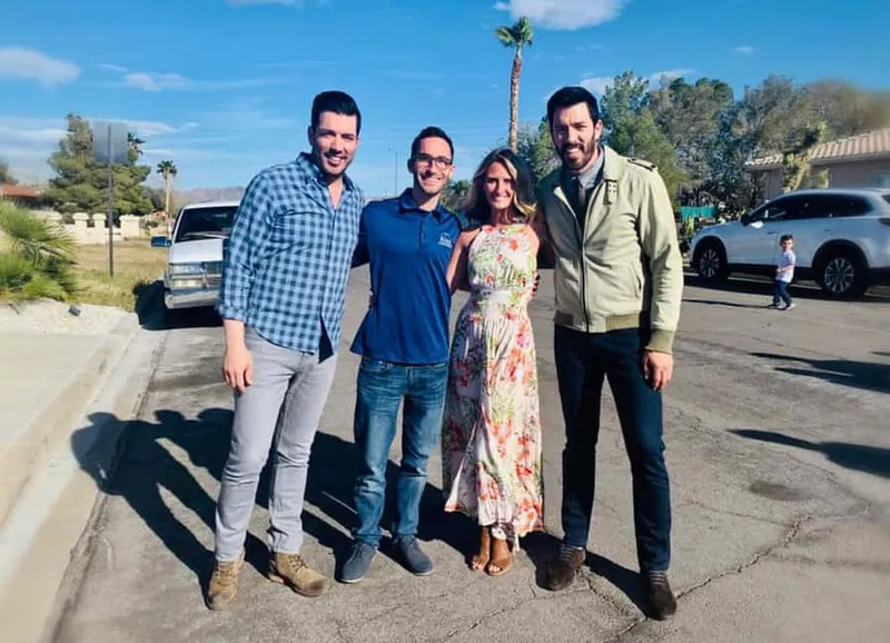 Drew and Jonathan Scott of HGTV's Property Brothers with Alex Wentland and his wife Ellen on a Las Vegas street